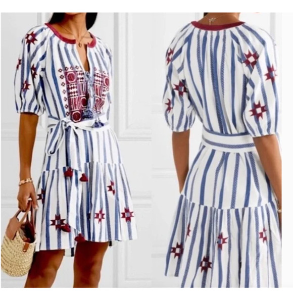 Figue Bria Dress Tasseled Printed Cotton-voile Mini Blue Ivory Stripe XL - Picture 1 of 16